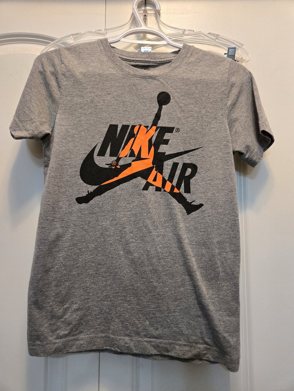 Jordan Air Kids Nike Gray Heathered Short Sleeve Tee with Black and Orange Logo